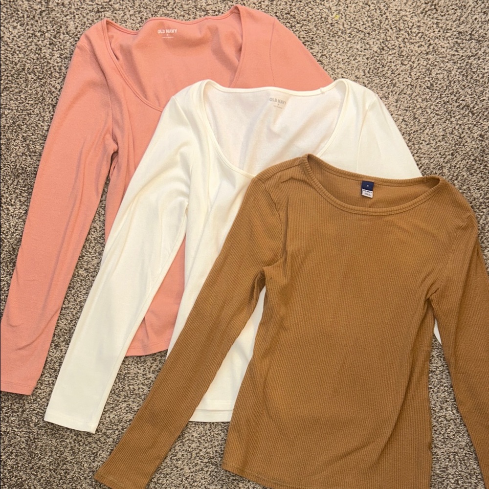 Ribbed Long Sleeve Tops - Pink, cream, and Tan